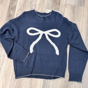 Navy Blue Sweater with White Bow Design